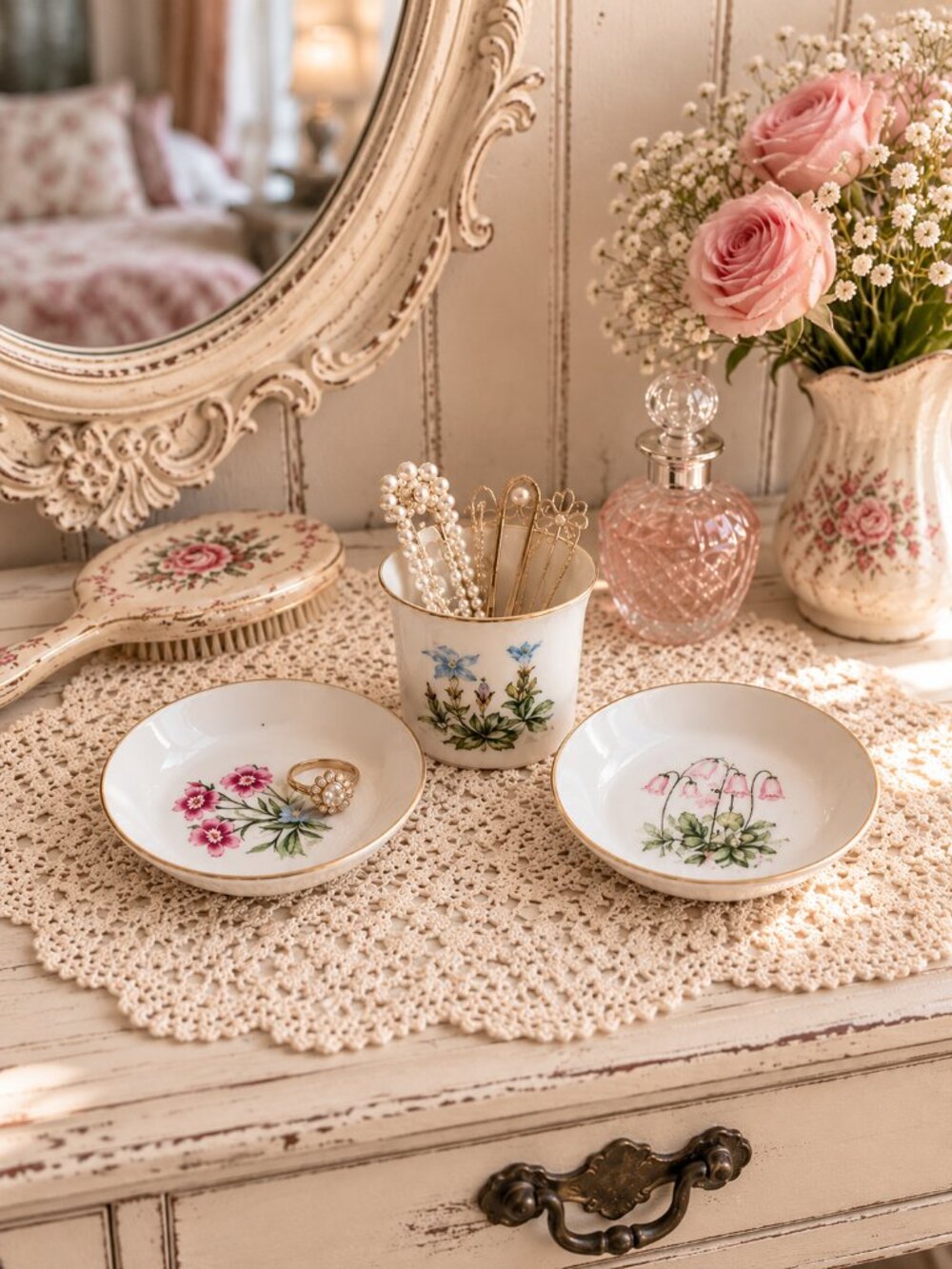 Royal Worcester Bone China Floral Vanity Set Trinket Dishes & Holder Vintage
